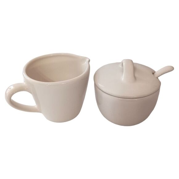 Pottery Barn Sausalito Creamer & Sugar Bowl Set With Spoon Off White Stoneware. - Picture 14 of 16